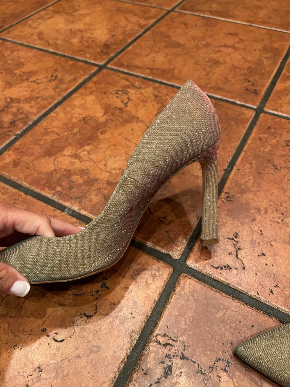 Stuart Wietzman Sparkle Pointed-Toe High Heels in Gold/Iridescent. - Picture 5 of 12